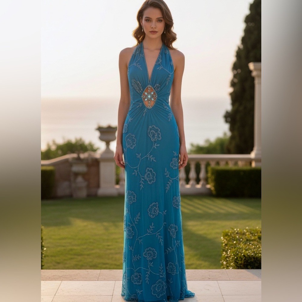 Elegant‎ turquoise hand beaded Attitudes by Debra Halter Evening Dress